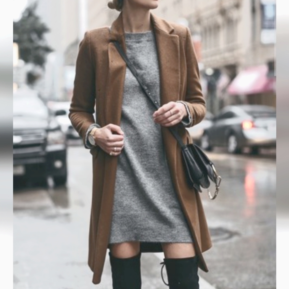 Gray Sweater Dress Seamed Short Sleeve Lightweight Wool Knit Spring + Mercer L